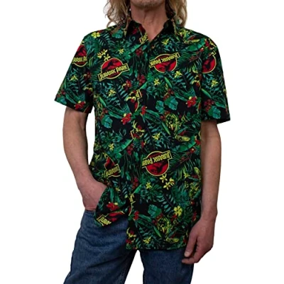 Abbildung von Jurassic Park Herren Men&#039;s Pattern Shirt Hemd mit Button Down Kragen, Schwarz Tropical Raptor, L