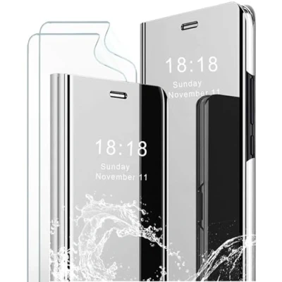 Abbildung von MLOTECH Schutzhülle für Samsung S20 Ultra, + Displayschutzfolie [2 Stück] Flip Clear View Transparent Spiegel Standing 360 stoßfest Smart Cover Bumper Silber