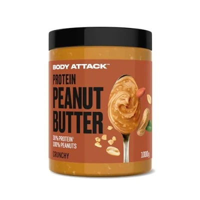Abbildung von Body Attack Protein Peanut Butter, 1kg, Crunchy, Vegan, Natürliche Erdnussbutter ohne Salz &amp; Palmfett Low Sugar Erdnussmus mit 30%