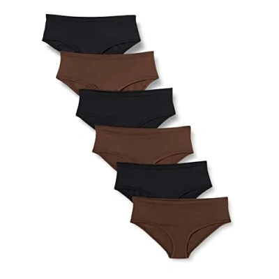 Abbildung von Amazon Essentials Damen Unterwäsche mit mittelhohem Bund (in Übergröße erhältlich), 6er Pack, Haselnuss/Schwarz, 3XL Große Größen
