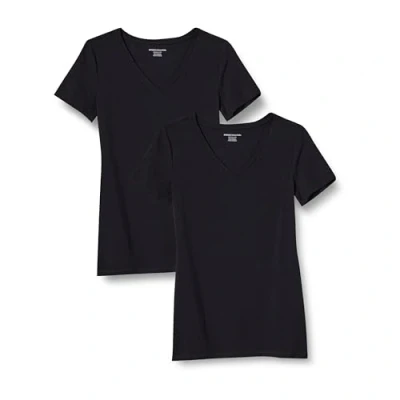 Abbildung von Amazon Essentials Damen T Shirt mit V Ausschnitt und kurzen Ärmeln in Übergröße, 2er Pack, Schwarz, 3XL Große Größen