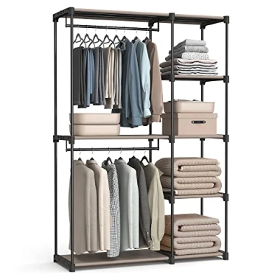Abbildung von SONGMICS Kleiderschrank offen, freistehende Garderobe, Standregal, Kleiderständer mit Kleiderstangen, Garderobenständer, Ankleidezimmer, Schlafzimmer, 43 x 124 182 cm, Taupe RYG026R02