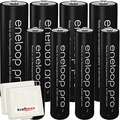 Abbildung von Kraftmax 8er Pack Panasonic Eneloop PRO XX Akkus 4X Mignon AA + Micro AAA Neueste Generation Hochleistungs Akku Batterien in Akkuboxen V5