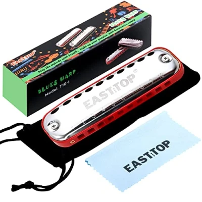 Abbildung von East Top Junior Blues Mundharmonika, 10 Löcher C Taste Diatonische Mundharmonika für Anfänger, Kinder, Studenten, Geschenk, mit glatt abgerundeter Kante und Stoffbeutel, rot