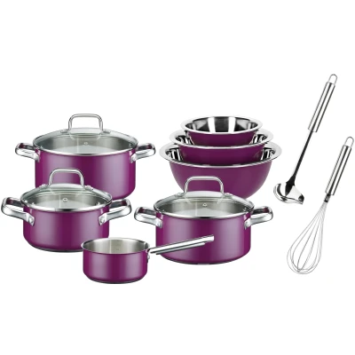 Abbildung von GSW Topf Set &quot;Magic Color&quot;, Edelstahl 18/8, (Set, 12 tlg., je 1 Kochtopf 16/20/24 cm, 1x Stielkasserolle 16 3 Schüsseln), Induktion