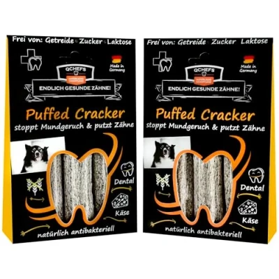 Abbildung von QCHEFS Puffed Cracker: Kaustange Hund zur antibakteriellen Zahnpflege als gepuffte Sticks mit Präbiotika stoppt Mundgeruch (2er Pack)