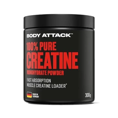 Abbildung von Body Attack 100% Pure Creatine 300 g Pulver Made in Germany hochwertiges mikrofeines Creatin Monohydrat Reines Kreatin zum Selbstdosieren Vor/nach dem Training gute Löslichkeit