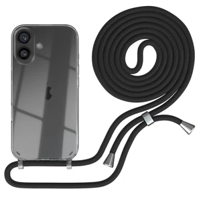 Abbildung von EAZY CASE Handykette kompatibel mit iPhone 16 Handyhülle Umhängeband, Handykordel Schutzhülle, Silikonhülle, Hülle Band, Stylische Kette für Smartphone, Schwarz