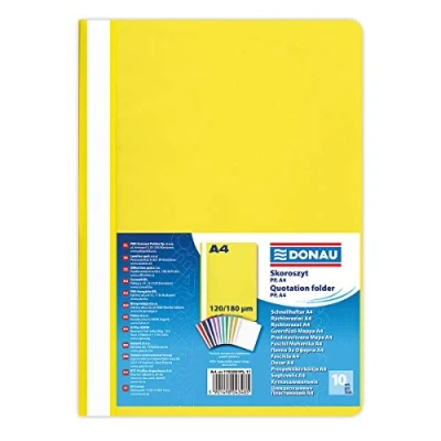 Abbildung von DONAU 1702001PL 11 Plastik Schnellhefter A4 Gelb/ Sichthefter Kunststoff aus öko PP Folie 120/180 µm/ mit transparentem Deckel/ für Büro und Schule/ Fassungsvermögen ca. 200 Blatt 10er Pack