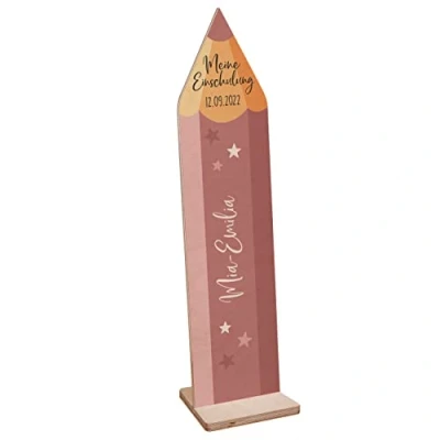 Abbildung von Striefchen® Einschulung Dekoration Holz Aufsteller Stift personalisiert Rosa mit Sternen