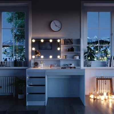 Abbildung von Vicco Schminktisch Sherry, Weiß Hochglanz, 120 cm mit LED Beleuchtung, und Spiegelregal