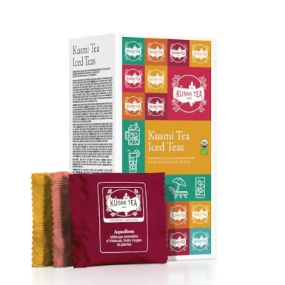 Abbildung von Kusmi Tea Geschenkbox „Iced Teas“ Sortiment von Bio Tees Geschenkidee für Männer und Frauen Aromatisierte Kräutertees, Hibiskus, Rooibos, Grüner Tee 24 Teebeutel 6 köstliche Rezepte.