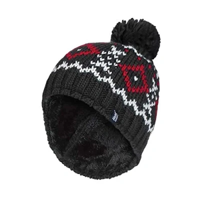 Abbildung von HEAT HOLDERS Herren Winter Warm Fleece Mütze/Beanie mit Bommel (One Size, Charcoal/Red)