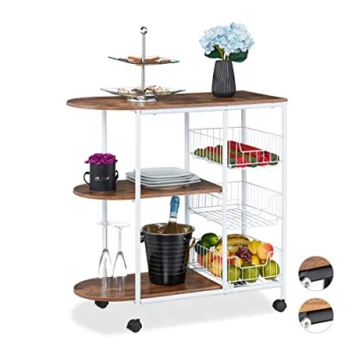 Abbildung von Relaxdays Servierwagen, Küchenwagen mit 3 Ablagen &amp; Körben, Industrial, Metall MDF, HBT: 84 x 83 37 cm, weiß/braun, 1 Stück