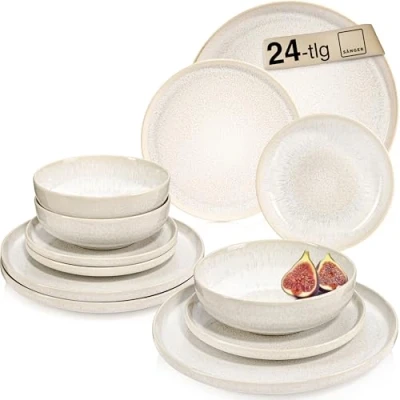 Abbildung von SÄNGER Geschirrset Korfu 24 tlg, Tafelservice 8 Personen, Steingut Geschirr Handmade, Teller Set inkl. Essteller Dessertteller Tiefe Teller, Essgeschirr Creme Farben mit Sandiger Maserung