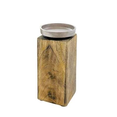Abbildung von Spetebo Mango Kerzenständer mit Alu Halter klein / 20 cm Holz Kerzenhalter für Stumpen und Kugel Kerzen Deko Kerzenleuchter Metall Kerzenteller Landhaus Tischdeko Holzdeko rustikal