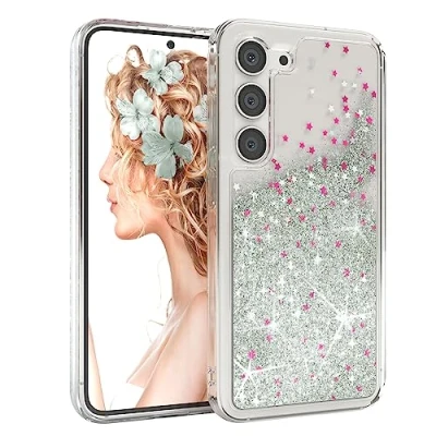 Abbildung von EAZY CASE Hülle kompatibel mit Samsung Galaxy S23 Schutzhülle Flüssig Glitzer, Handyhülle, Schutzhülle, Back Cover Glitter Flüssigkeit, TPU/Silikon, Transparent/Durchsichtig, Silber