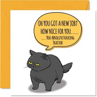 Abbildung von Lustige Abschiedskarte für Kollegen, Frauen und Männer freche Katze Sorry Your Leaving Good Luck In New Job Karte, 145 mm x Scherz Grußkarten, Witz, unhöfliche Abschiedsgeschenke, Glückwunschkarte