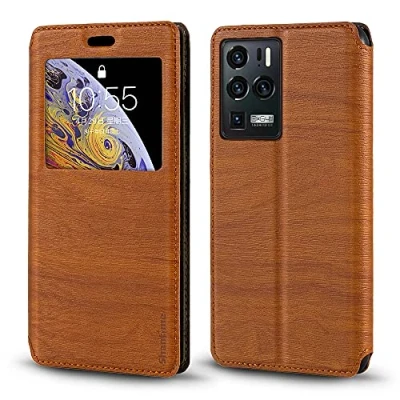 Abbildung von Shantime ZTE Axon 30 Ultra 5G Hülle, Holzmaserung Lederhülle mit Kartenhalter und Fenster, Magnetische Flip Cover für Braun