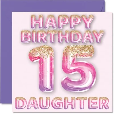 Abbildung von Stuff4 Geburtstagskarte zum 15. Geburtstag für Tochter rosa und lila Glitzerballons Happy Birthday Karten 15 Jahre alte von Mama Papa Eltern, 145 mm x