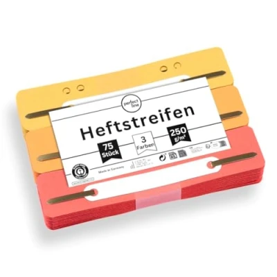 Abbildung von perfect line 75 Heftstreifen Pappe, recycling Karton, 250 g/m²,3 Farben (Gelb, Orange, Rot), Made in Germany, Heftlaschen Blauer Engel zertifiziert