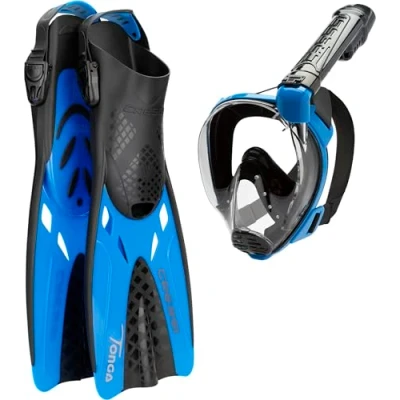 Abbildung von CRESSI Baron+Tonga Combo Set Black/Blue L/XL Baron Vollgesichtsmaske, Weites Sichtfeld, Anti Beschlag System, Leichte Atmung + Leicht Verstellbare Tonga Flossen, Schwarz/Blau.