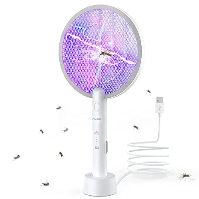 Abbildung von PALONE Elektrische Fliegenklatsche 2023 Aufgerüstet Insektenvernichter, 3000V Elektro Mückenklatsche UV Mückenlampe Mücken, 2 in 1 USB Elektrischer Fliegenfänger Insektenfalle mit Ladebasis Weiß