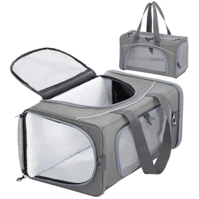 Abbildung von Petsfit Transporttasche Katze &amp; Hundetasche Flugzeug Flugtasche für Hunde Transportbox Flugtaugliche Haustiertasche Sicherer Transport in Auto, und Bahn, M/Grau