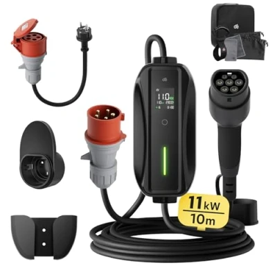 Abbildung von dé Mobile Wallbox/Ladestation 11kW [3 phasig10m6 16A] mit Einstellbarer Ladeleistung, Ladekabel CEE 16A auf Typ 2 und EV Ladegerät für Model Y/3, ID.3/4/5, MG4, EX30, e up, tron, Zoe andere