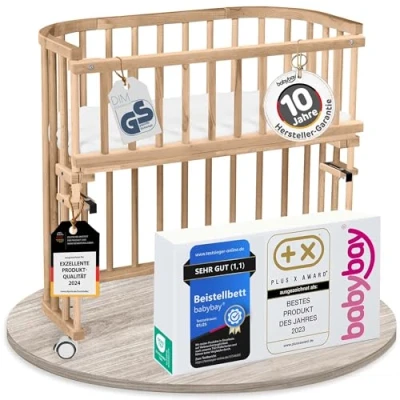 Abbildung von babybay Original Beistellbett aus massivem Buchenholz/kompakt &amp; verwandelbar/Kinderbett Höhe stufenlos verstellbar/mitwachsendes Babybett (Natur lackiert) / inkl. Matratze, Gitter, Rollen