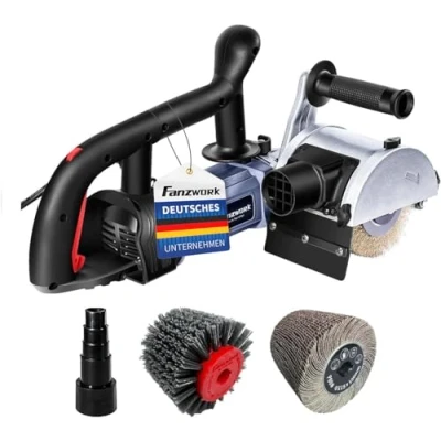 Abbildung von FANZWORK V2 1500 Watt Satiniermaschine zur Renovierung von Oberflächen aller Art, mit Staubsaugung Anschluss, Drehzahlregelung, Kugelgriff, Messing &amp; Nylon Schleifpapier Bürste