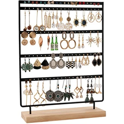 Abbildung von QILICZ Schmuckständer Ohrringhalter 100 Löcher Ohrring ständer, 5 Tier Metal Organizer mit Holz Base, Ohrstecker Display Schmuckhalter 35x27cm Ohrschmuck Aufbewahrung
