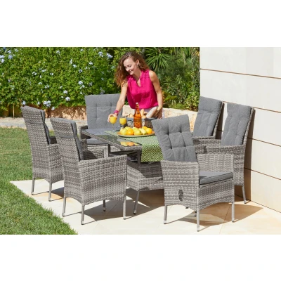 Abbildung von KONIFERA Garten Essgruppe &quot;Belluno&quot;, (Set, 13 tlg., 6x Sessel, Tisch 150x80x 71,5 cm, Polyrattan, inkl. Auflagen), 2 der 6 Sessel stufenlos verstellbar, Stauraum unter dem Tisch, Grau