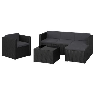 Abbildung von STEELSØN Polyrattan Gartenlounge Zethora, Outdoor Sitzgruppe 4 teilig, Gartenmöbel Set mit Sofa, Sessel, Hocker, Tisch, Sitzecke für bis zu 5 Personen, wetterfest, schwarz/anthrazit