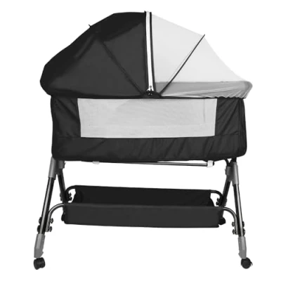 Abbildung von HUOLE 3 in 1 Beistellbett &amp; Babywiege Reisebett, 4 stufig Höhenverstellbares Babybett, neigbar, Kinderbett, Stubenwagen für Babys bis 25kg belastbar 104 * 52 100 110 cm schwarz