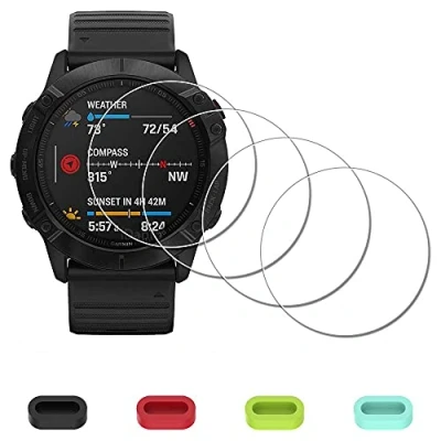 Abbildung von iDaPro Displayschutz Schutzfolie für Garmin fenix 6X Pro / Solar watch + 4 teiliger Ladeanschlussschutz, 9H Härte Gehärtetes Glas Displayschutzfolie Einfache Installation [4 Stück]