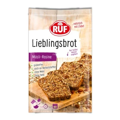 Abbildung von RUF Lieblingsbrot Müsli Rosine, Brot Backmischung, Brotmischung, Brotteig Mischung, für wie vom Bäcker, glutenfrei, ohne Mehl und Hefe, 1 x 600g