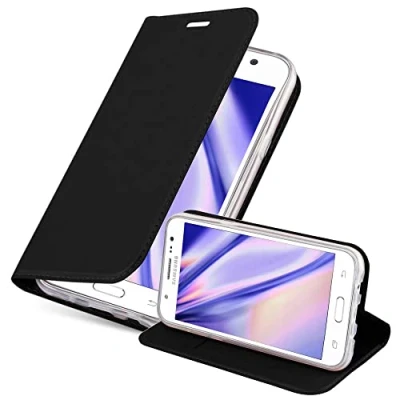 Abbildung von Cadorabo Hülle kompatibel mit Samsung Galaxy J5 2015 aus Premium Kunst Leder Flip Klappbare Stoßfeste Magnetische [Standfunktion] [Kartenfächern] Cover für Tasche in Schwarz