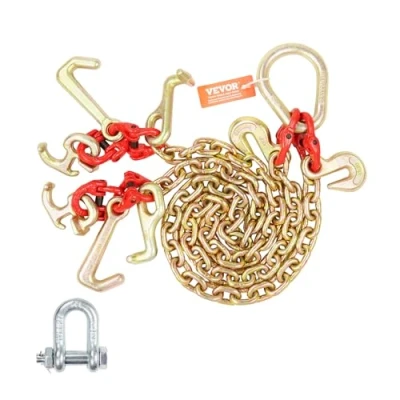 Abbildung von VEVOR G80 Abschleppkette, 8 mm x 90 cm Stahlkette mit J Haken, T Haken und Greifhaken, Schwerlast Transportschleppkette 4898 kg sicherer Arbeitslast zum Heben, Laden, Abschleppen Festbinden