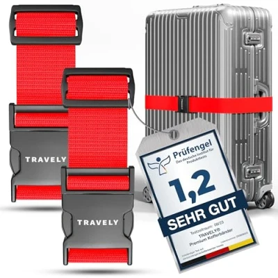 Abbildung von Travely® Premium Koffergurt Besonders Auffällig &amp; Sicher Inkl. 2 Namensschildern Gepäckband ideal über Kreuz [2er Set] Rot