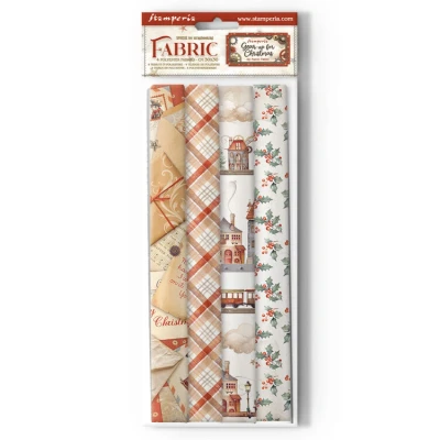 Abbildung von Stamperia Fabric for Scrapbooks, Albums, Bullet Journals and More, Polyester, Can be Sewn by Hand or Machine, Suitable Craft Glue, Perfect Crafts Gifting (Gear up Christmas) (4 Pack)