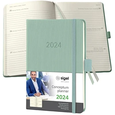 Abbildung von SIGEL C2473 Terminplaner Wochenkalender 2024, ca. A6, grün, Hardcover, 176 Seiten, Gummiband, Stiftschlaufe, Archivtasche, PEFC zertifiziert, Conceptum