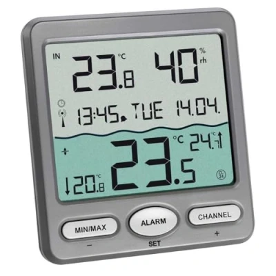 Abbildung von TFA Dostmann Venice Poolthermometer, 30.3056.10, zur Überwachung der Wassertemperatur in Pool, Teich oder Whirlpool Digitales Funk Grau, L 116 x B 24 (65) H 126 mm