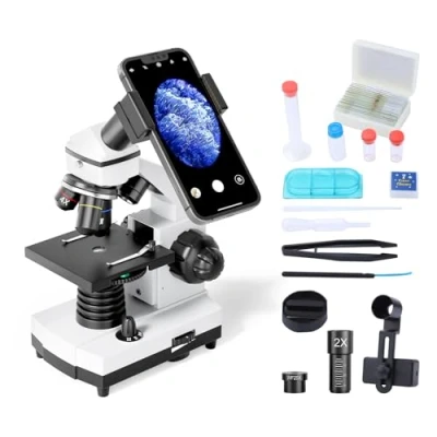 Abbildung von Mikroskop für Kinder Studenten, 2002000x Vergrößerung, Stark, Biologisch, Bildungstechnisches Monokular mit Handyadapter, Fernauslöser, Tragetasche, Zubehör(10) und Objektträger(15)