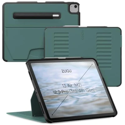 Abbildung von Zugu iPad Air Hülle 13 Zoll M2 2024 / Pro 12.9 (3rd/4th Gen), schlanke Schutzhülle 10 Winkel Ständer magnetisch, Aufladen Stiftes Auto Sleep/Wake Up [ Kieferngrün ]