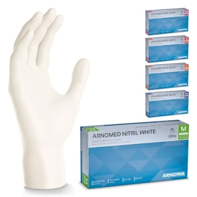 Abbildung von 500 Stück ARNOMED Einweghandschuhe Weiß, Einmalhandschuhe M, Nitril Handschuhe Einweg, Nitrilhandschuhe puder /latexfrei, Gummihandschuhe Schutzhandschuhe, XS, S, L, XL