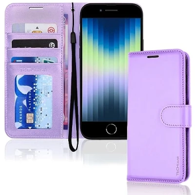 Abbildung von TECHGEAR hülle iPhone SE 2022 5G / 2020 Leder klappbar, PU Flip Schutzhülle Ledertasche [Brieftasche] Handyhülle mit Ständer und Handschlaufe Lavendel Kompatible 8/7/6