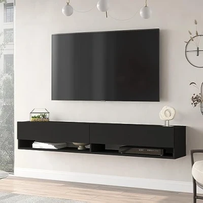 Abbildung von [en.casa] TV Board Laitila Schrank mit 2 Ablagen Schranktüren Lowboard Fernsehtisch 180 x 31,5 29,5 cm Sideboard hängend Schwarz