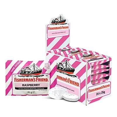 Abbildung von Fisherman&#039;s Friend Raspberry, 24er Vorratsbox, Himbeere und Menthol Geschmack, zuckerfrei &amp; vegan, Bonbons für frischen Atem, 24 x 25g