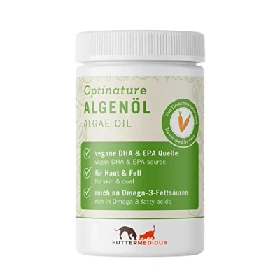 Abbildung von Futtermedicus Optinature Algenölkapseln 80 Stück Ergänzungsfuttermittel Für Hunde und Katzen Mit Omega 3 Fettsäuren DHA &amp; EPA vegane Fütterung oder bei Fischallergien